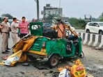 According to police, the accident occurred around 7.30am when the autorickshaw was travelling towards Tikri village with six passengers onboard. (HT Photo)