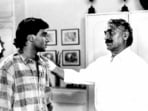 Ajay Devgn and Amrish Puri in a still from Jaan.