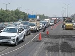 Traffic jam on Delhi Meerut Expressway (NH9) near Ghazipur due to ongoing road repair work, on Wednesday, May 13, 2026. (Sanjeev Verma/HT Photo)
