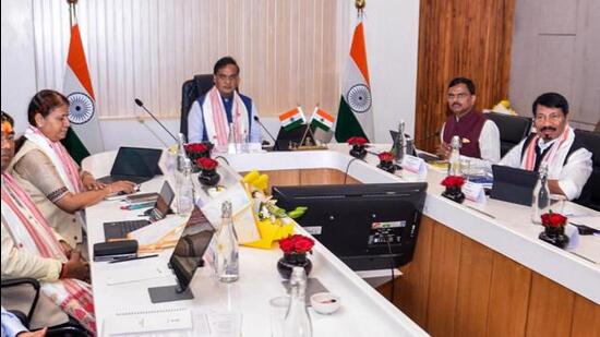 Assam chief minister Himanta Biswa Sarma chairs the first cabinet meeting of the new Assam government. (ANI photo)