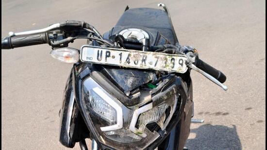 Ghaziabad India - May 13 2026 : Ghaziabad: Late last night, two youths on a bike met with an accident near the crossing on Delhi-Meerut Road. Due to high speed, the bike crashed into the divider. Both youths died in the accident and the bike was damaged . in Ghaziabad , India on Wednesday, May 13 2026. (Photo by Sakib Ali / Hindustan Times)
