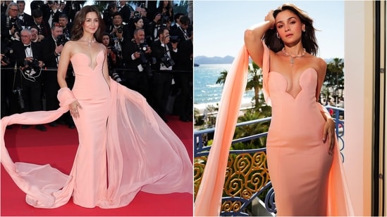Alia Bhatt brought soft-glam magic to the Cannes Film Festival red carpet in a dreamy peach couture gown by Tamara Ralph, styled with rare coral diamonds.&nbsp;(Instagram/@rheakapoor)