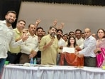 BJP’s Akshita Saini with party supporters after being declared winner of the Ambala mayoral election on Wednesday. (HT Photo)