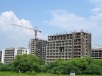 Gurugram, India-August 25, 2024: The construction work of Shri Sheetla Mata Devi Medical College and Hospital is going on in Kherki Majra Sector-102 near Dwarka Expressway; the structural work of Sheetla Mata Hospital and medical college building which is under construction will be completed by September and the building will be handed over to either the health department or medical education department in March next year, in Gurugram, India, on Sunday, 25 August 2024. (Photo by Parveen Kumar/Hindustan Times)(Pic to go with Abhishek Behl's story)