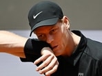 Italy's Jannik Sinner reacts during the match against Russia's Andrey Rublev. (AFP) Italy's Jannik Sinner reacts during the match against Russia's Andrey Rublev. (AFP)