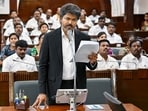 Tamil Nadu chief minister C Joseph Vijay speaks in the state assembly during floor test proceedings on Wednesday.