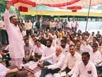Sanitation contract workers protesting outside MC office Zone A in Ludhiana on Wednesday. (HT File)