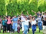 Students of KBDAV school, Sector 7, Chandigarh, in a jubilant mood after the CBSE declared the Class 12 results on Wednesday. (Ravi Kumar/ht)