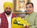 Union road and transport minister Nitin Gadkari with Punjab chief minister Bhagwant Mann during a meeting, in New Delhi. (PTI)
