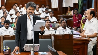 Tamil Nadu chief minister C Joseph Vijay speaks in the state assembly during floor test proceedings on Wednesday. (Handout) Tamil Nadu chief minister C Joseph Vijay speaks in the state assembly during floor test proceedings on Wednesday. (Handout)