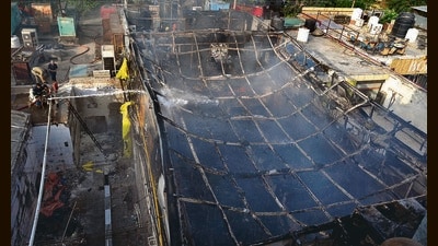 The ashen remains of the club in Sector 26, Chandigarh, on Thursday evening. (KESHAV SINGH/HT) The ashen remains of the club in Sector 26, Chandigarh, on Thursday evening. (KESHAV SINGH/HT)