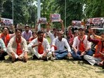 ABVP activists holding protest at the DM office on Friday. (HT PHOTO)