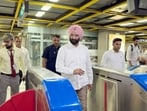 Delhi Minister Manjinder Singh Sirsa at a metro station in New Delhi on Friday. (HT PHOTO)