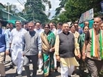 Himachal Pradesh chief minister Sukhvinder Singh Sukhu during a rally in Palampur on Thursday. (HT Photo)