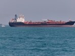 An oil tanker sits at anchor in the Strait of Hormuz off Bandar Abbas.