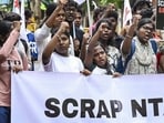 Students protest against the National Testing Agency over paper leak concerns following the cancellation of the NEET-UG 2026 examination. (PTI)