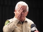 Pima County Sheriff Chris Nanos reacts during a press conference after the disappearance of Nancy Guthrie.