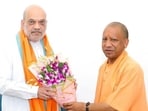 Union home minister Amit Shah meets Uttar Pradesh chief minister Yogi Adityanath, in New Delhi on Thursday. (@HMOIndia X/ANI Photo)