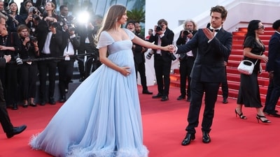 Barbara leaned into the maternity glow in a dreamy baby-blue empire-waist gown with flowy, pleated fabric draping her growing silhouette. (AFP)