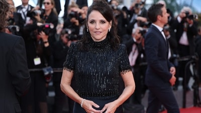 Julia Louis-Dreyfus attended the Fatherland screening in a short-sleeved A-line gown featuring a sequin-embroidered bodice. (AFP) Julia Louis-Dreyfus attended the Fatherland screening in a short-sleeved A-line gown featuring a sequin-embroidered bodice. (AFP)