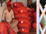 A trader guards his stock of onions at Navbahar vegetable market in Bhopal on Tuesday. (Mujeeb Faruqui/HT photo)