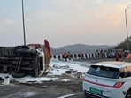 A truck transporting paint material reportedly lost control while heading from Pune towards Mumbai and rammed into another truck and a container truck moving ahead of it.