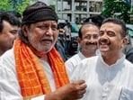 West Bengal Chief Minister Suvendu Adhikari meets actor and BJP leader Mithun Chakraborty at his residence, in Kolkata. (ANI Photo)
