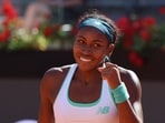 Coco Gauff of the U.S. celebrates winning her semi final match against Romania's Sorana Cirstea