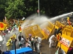 Farmers heading towards Punjab governor’s residence being stopped near Sector 51 road in Chandigarh on Friday. (HT photo)