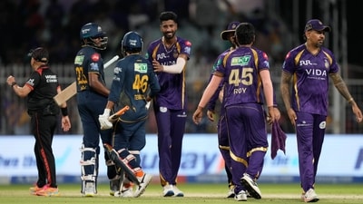 Chasing 248 runs, GT were restricted to 218/4 in 20 overs. (AP Photo/Bikas Das) Chasing 248 runs, GT were restricted to 218/4 in 20 overs. (AP Photo/Bikas Das)