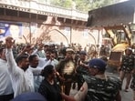 A massive demolition drive took place outside the Civil Court in Kaiserbagh on Sunday. (Deepak Gupta/HT)