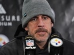 Pittsburgh Steelers quarterback Aaron Rodgers speaks during a press conference Pittsburgh Steelers quarterback Aaron Rodgers speaks during a press conference