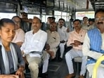BJP MLA Lokendra Pratap Singh (right) riding a UP Roadways bus in Mohammadi town on Sunday. (HT) BJP MLA Lokendra Pratap Singh (right) riding a UP Roadways bus in Mohammadi town on Sunday. (HT)