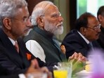 PM Modi flanked by foreign minister S Jaishankar and NSA Ajit Doval during his Netherlands visit.