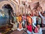People offer prayers after the Madhya Pradesh High Court verdict declare the Bhojshala complex a Hindu temple dedicated to Goddess Vagdevi (Saraswati), in Dhar.