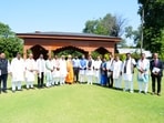 Uttarakhand Chief Minister Pushkar Singh Dhami meets members of the OBC Welfare Parliamentary Committee at the Chief Minister’s residence in Dehradun on Saturday.