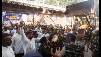 A massive demolition drive took place outside the Civil Court in Kaiserbagh on Sunday. (Deepak Gupta/HT)