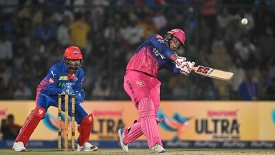RR started their innings extremely well despite the early wicket of Yashasvi Jaiswal: Vaibhav Sooryavanshi once again dominated the powerplay, especially towards the end as he took down the DC bowlers alongside Dhruv Jurel. (Hindustan Times) RR started their innings extremely well despite the early wicket of Yashasvi Jaiswal: Vaibhav Sooryavanshi once again dominated the powerplay, especially towards the end as he took down the DC bowlers alongside Dhruv Jurel. (Hindustan Times)