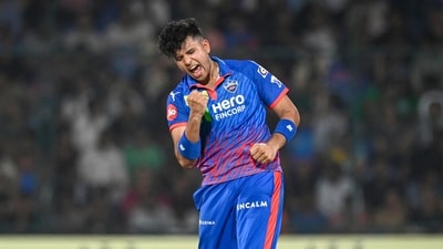 Things grew complicated in the middle overs as Madhav Tiwari removed Sooryavanshi, continuing his breakout spell at the end of the season playing his all-round role for DC. His bowling in particular impressing, as his hit-the-deck style proved tricky to play against. (Hindustan Times) Things grew complicated in the middle overs as Madhav Tiwari removed Sooryavanshi, continuing his breakout spell at the end of the season playing his all-round role for DC. His bowling in particular impressing, as his hit-the-deck style proved tricky to play against. (Hindustan Times)
