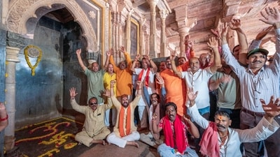 People offer prayers after the Madhya Pradesh High Court verdict declare the Bhojshala complex a Hindu temple dedicated to Goddess Vagdevi (Saraswati), in Dhar. (PTI Photo) People offer prayers after the Madhya Pradesh High Court verdict declare the Bhojshala complex a Hindu temple dedicated to Goddess Vagdevi (Saraswati), in Dhar. (PTI Photo)