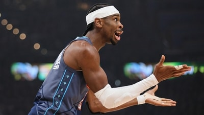 Oklahoma City Thunder guard Shai Gilgeous-Alexander reacts to an officials call in the first half of Game 2 (AP)