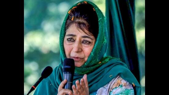 People’s Democratic Party (PDP) president Mehbooba Mufti speaks during the party's District Workers Convention, in Srinagar on Sunday. (ANI)
