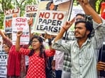 Students from Krantikari Yuva Sangathan (KYS) and AIDSO stages a protest against the alleged NEET-UG 2026 paper leak, at Jantar Mantar, in New Delhi.
