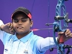 Jyothi Surekha Vennam competes in the archery compound women's individual gold medal match during the 2022 Asian Games. (AFP)