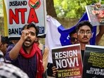 All India Students' Association (AISA) members stage a protest against the National Testing Agency (NTA) over the paper leak concerns following the cancellation of the NEET-UG 2026 examination, at Jantar Mantar, in New Delhi.