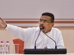 West Bengal Chief Minister Suvendu Adhikari addresses a press conference at Nabanna, in Howrah district, West Bengal, Friday, May 15, 2026.