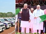 Union home minister Amit Shah (right) flags off emergency response vehicles in Chhattisgarh on Monday. (HT Photo)