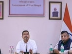 West Bengal Chief Minister Suvendu Adhikari, centre, addresses a press conference, in Howrah. (CMO via PTI Photo)