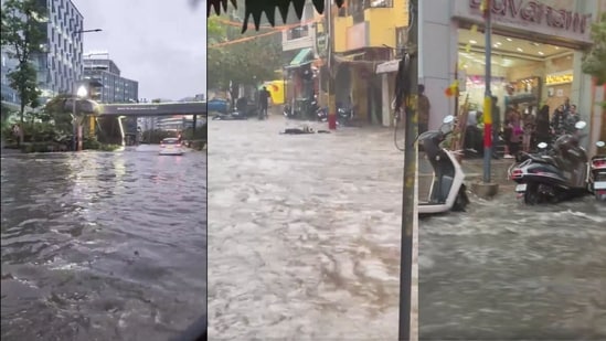 Videos and photos shared by residents on X showed submerged roads, stranded vehicles and long traffic snarls. (X/@software_sisya, @bykarthikreddy)