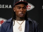 Kansas City Chiefs wide receiver Rashee Rice speaks during at a presser after a game against the Indianapolis Colts in November 2025.